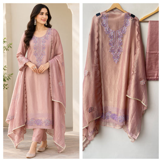 Exquisite Shimmer Crushed Tissue Unstitched 3Pcs Designer Suit Set