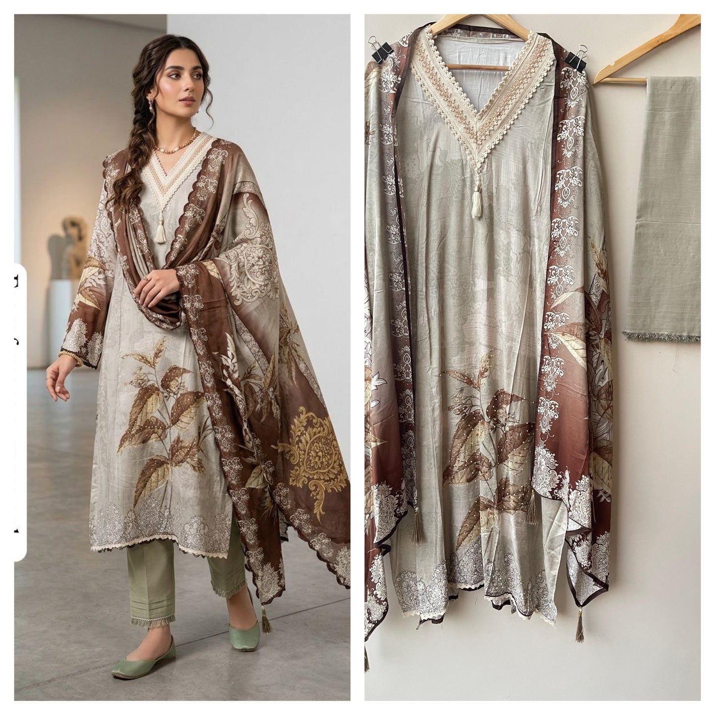 Self muslin printed unstitched salwar suit with beads, pearl and crochet work – RoyalChicByPriti