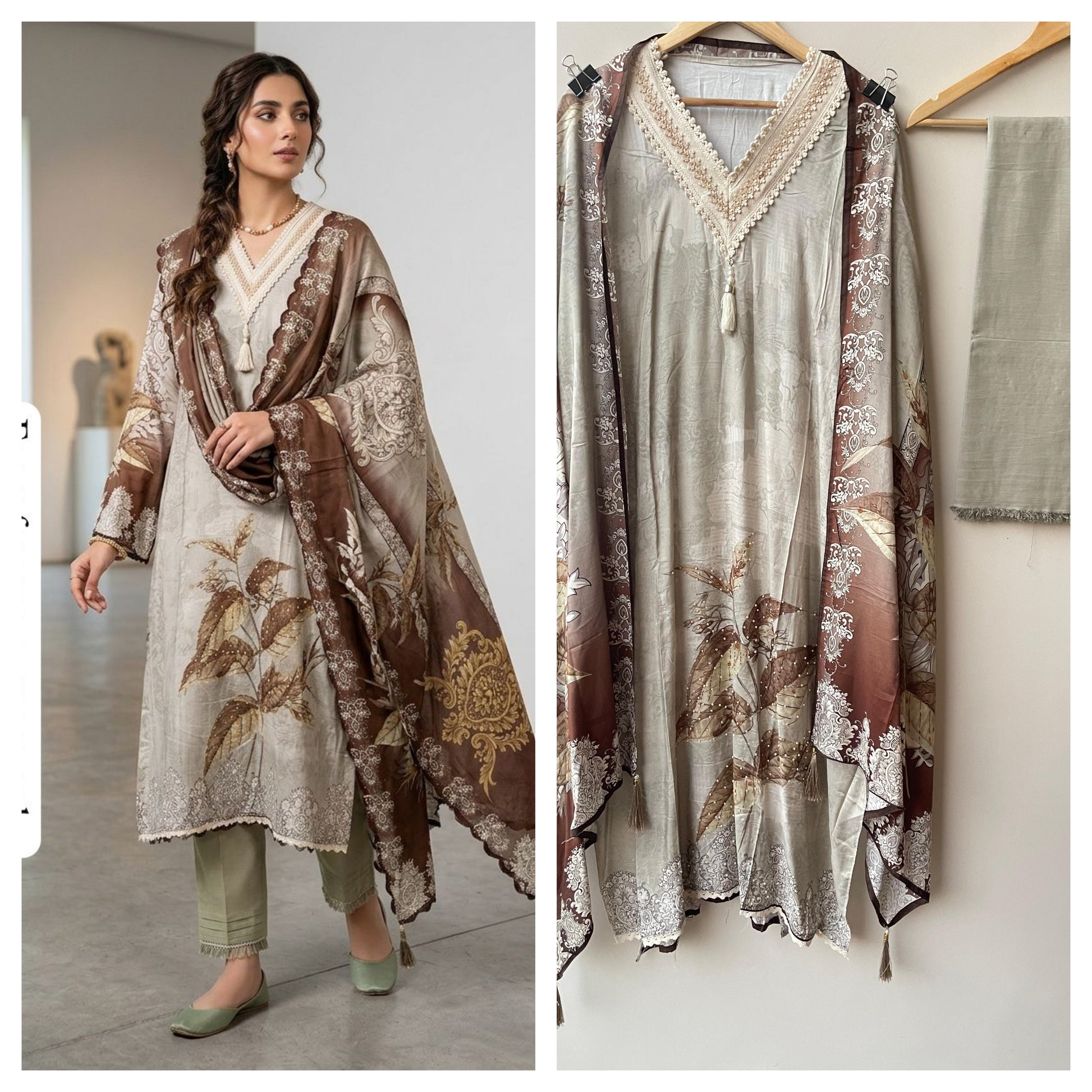 Self muslin printed unstitched salwar suit with beads, pearl and crochet work – RoyalChicByPriti