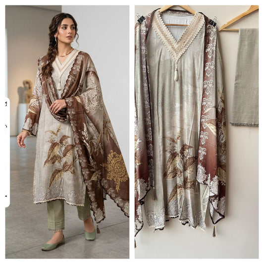 Self muslin printed unstitched salwar suit with beads, pearl and crochet work – RoyalChicByPriti