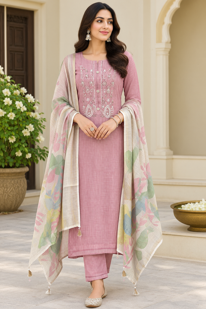 Designer Shimmer Linen Embroidered 3 Pcs Unstitched Suit Set