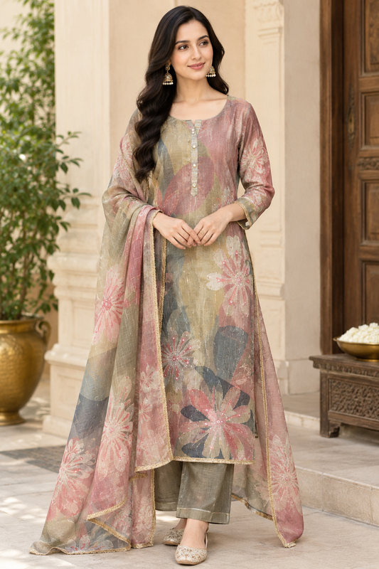 Elegant Premium Shimmer Crushed Tissue Printed Unstitched Suit Set