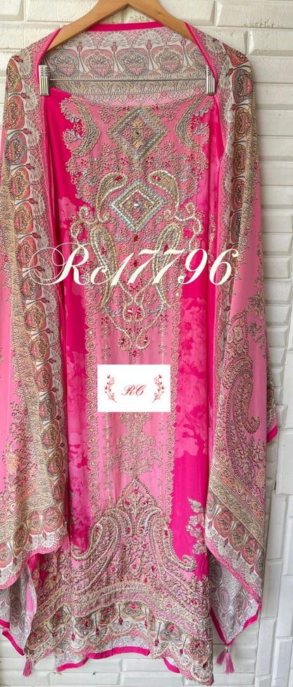 Satin crape unstitched ladies suit Rc17996