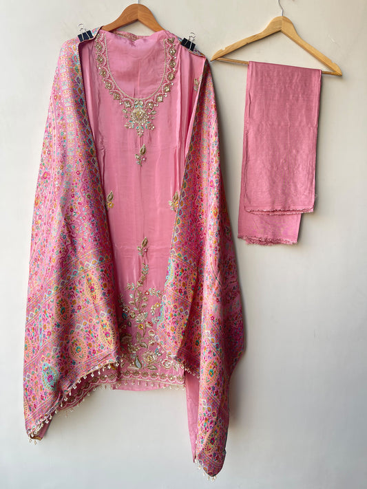 Premium Embroidered Crepe Satin Unstitched 3 Pcs Designer Suit Set