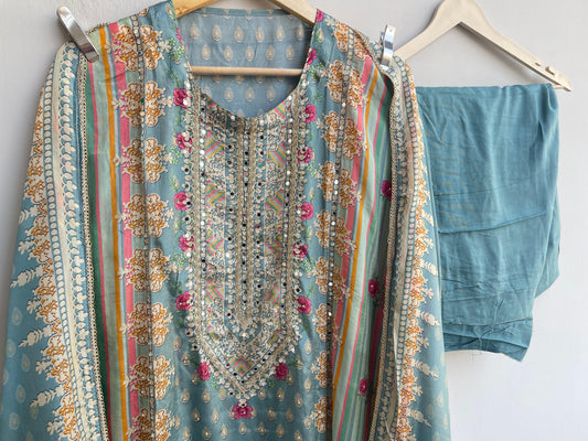 Satin crepe unstitched ladies suit Rc18459