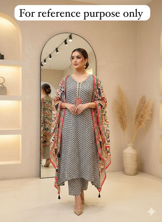 Satin crepe ikkat printed unstitched ladies suit Rc18403