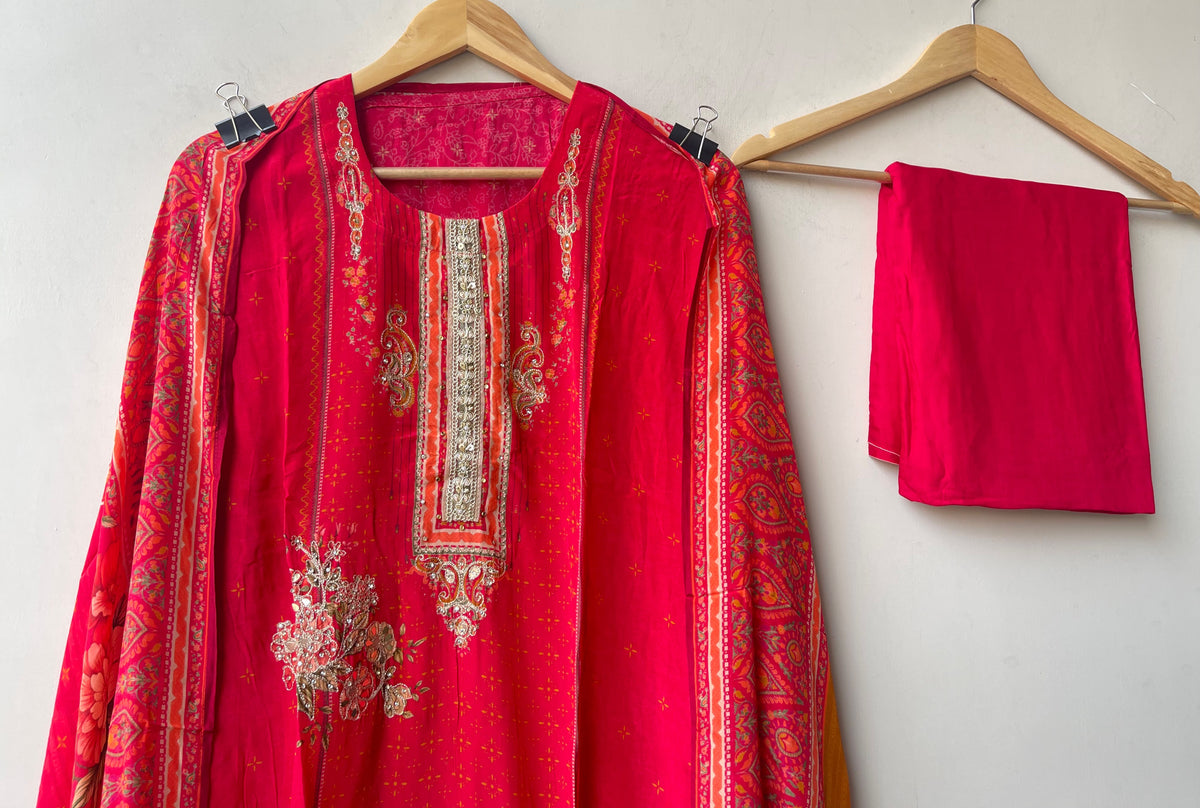 Crepe Satin Printed Unstitched Designer Suit Set