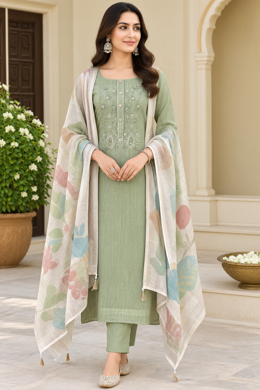 Self Shimmer Linen Embroidered Designer 3 Pcs Unstitched Suit Set