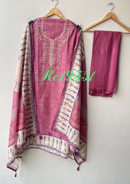 Worli art printed cotton linen unstitched ladies suit