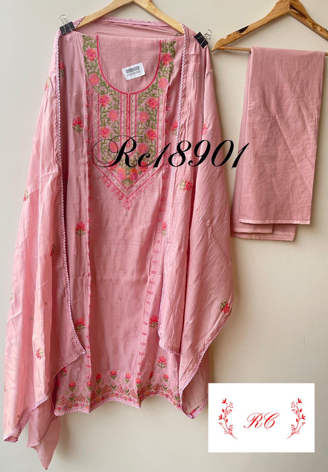 Mul chanderi unstitched salwar suit with resham embroidery and crochet lace – RoyalChicByPriti