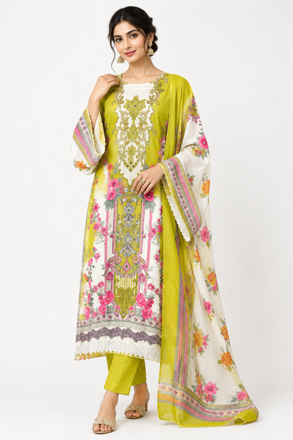 Cotton Unstitched Printed 3 pcs Designer Suit Set
