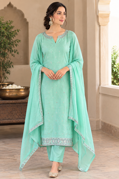 Elegant Mul Chanderi Embroidered Unstitched Suit Set