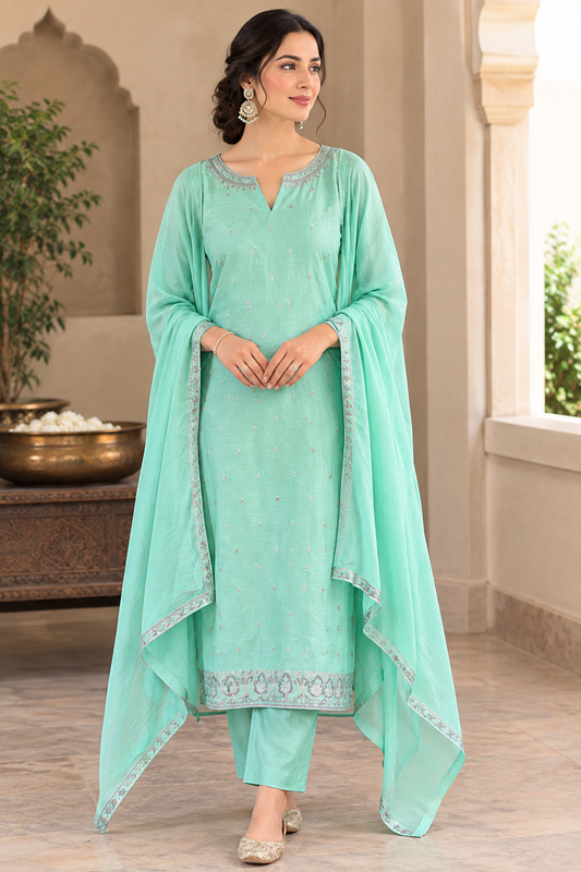 Elegant Mul Chanderi Embroidered Unstitched Suit Set