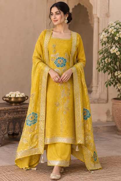 Elegant Shimmer Silk Embroidered Unstitched Designer Suit Set