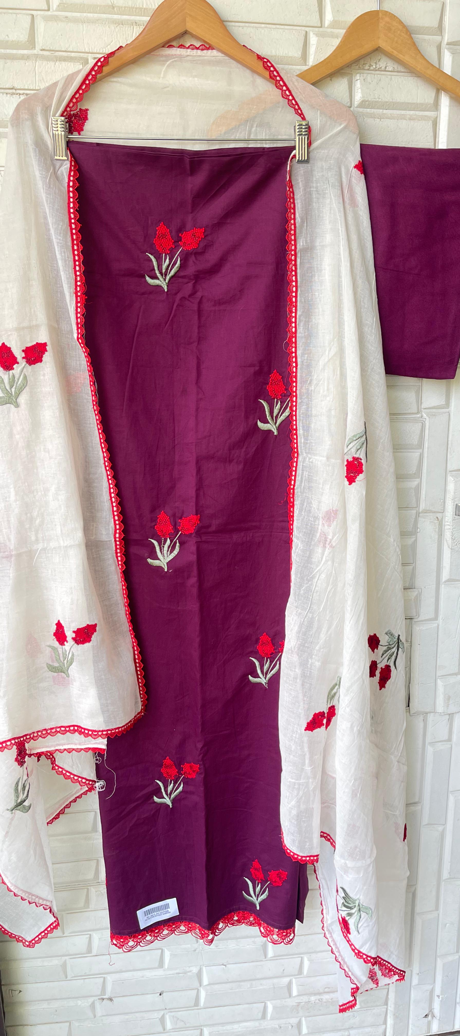 Cotton unstitched salwar suit with resham embroidery and mul cotton dupatta – RoyalChicByPriti