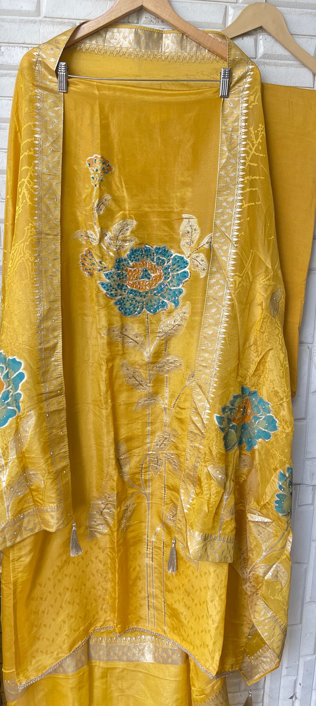 Elegant Shimmer Silk Embroidered Unstitched Designer Suit Set