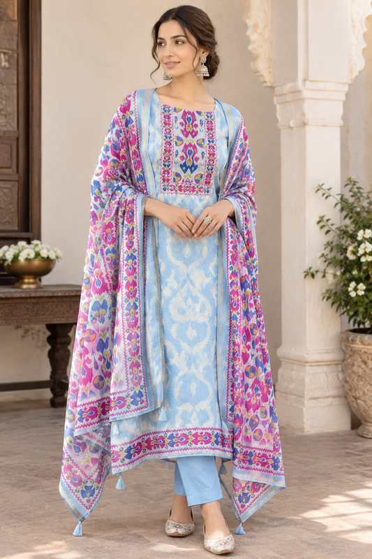 Elegant Mul Chanderi Printed Unstitched Suit Set