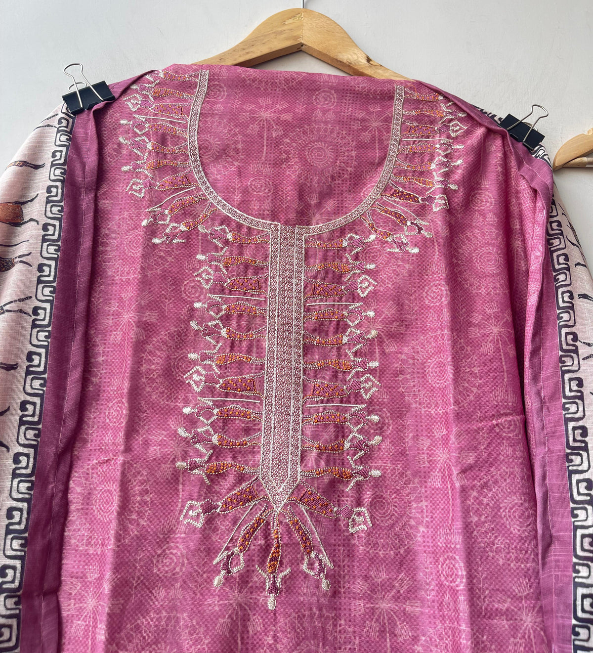 Worli art printed cotton linen unstitched ladies suit