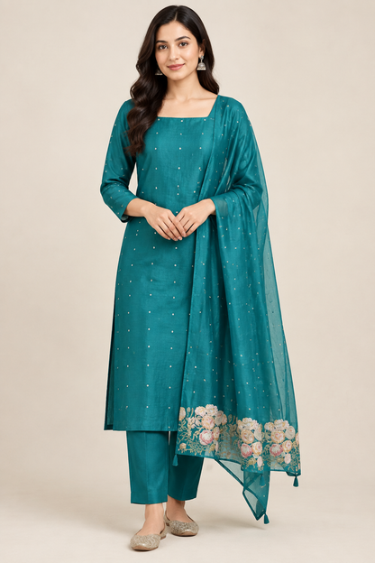 Premium Mul Chanderi Designer 3 Pcs Unstitched Suit Set