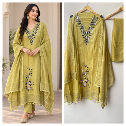 Premium Mul Chanderi Designer Unstitched 3 Pcs Suit Set