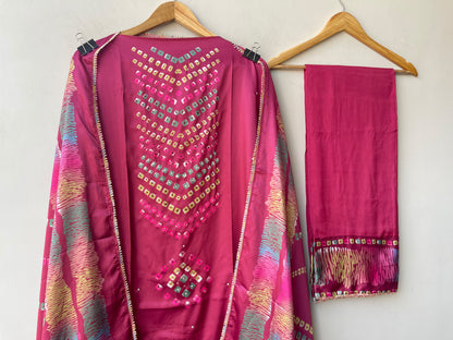 Ikkat Printed Mul Chanderi Unstitched Dress Material Set
