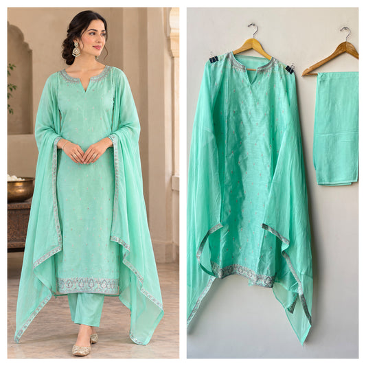 Elegant Mul Chanderi Embroidered Unstitched Suit Set