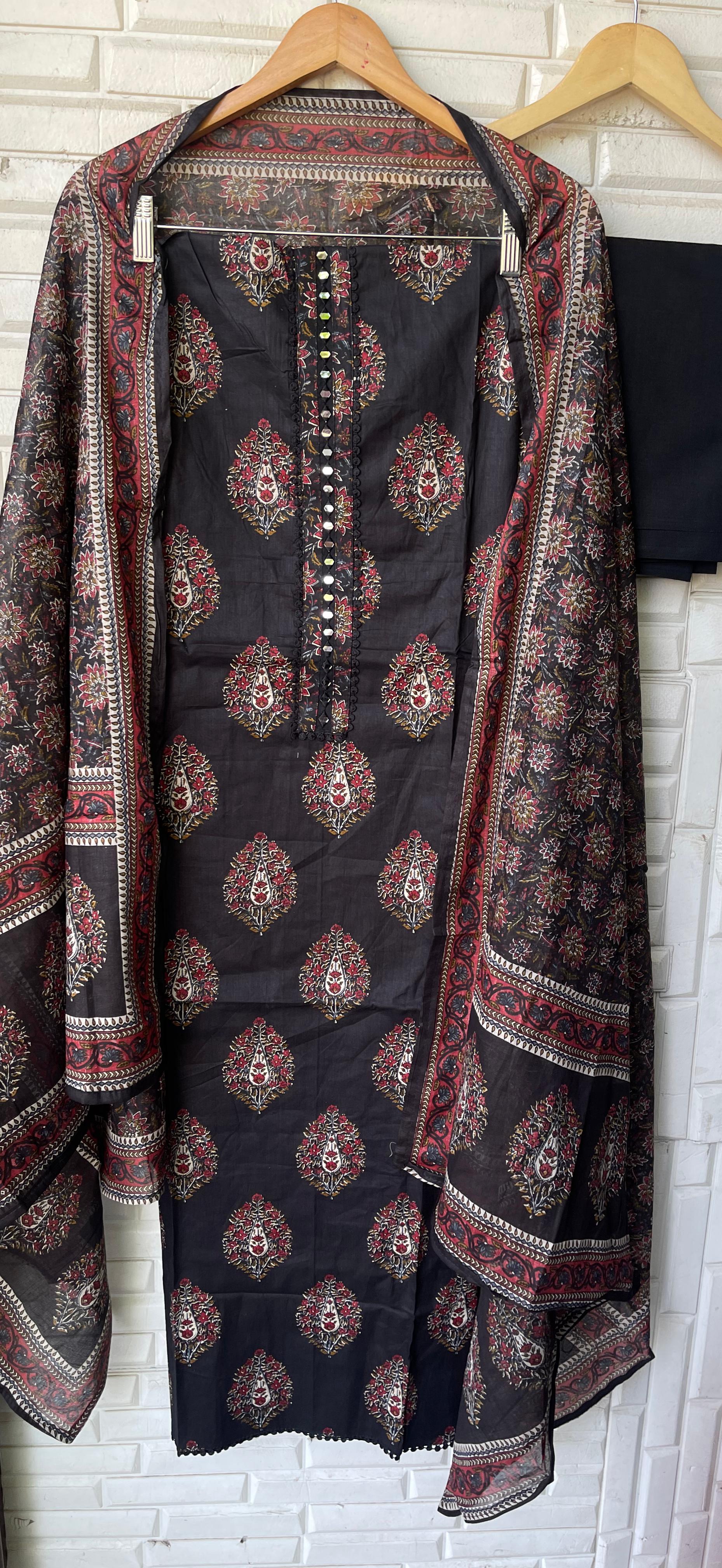 Mul cotton printed unstitched salwar suit with mirror-work embroidery – RoyalChicByPriti