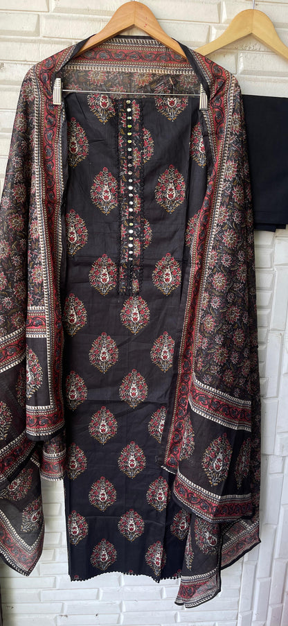 Mul cotton printed unstitched salwar suit with mirror-work embroidery – RoyalChicByPriti