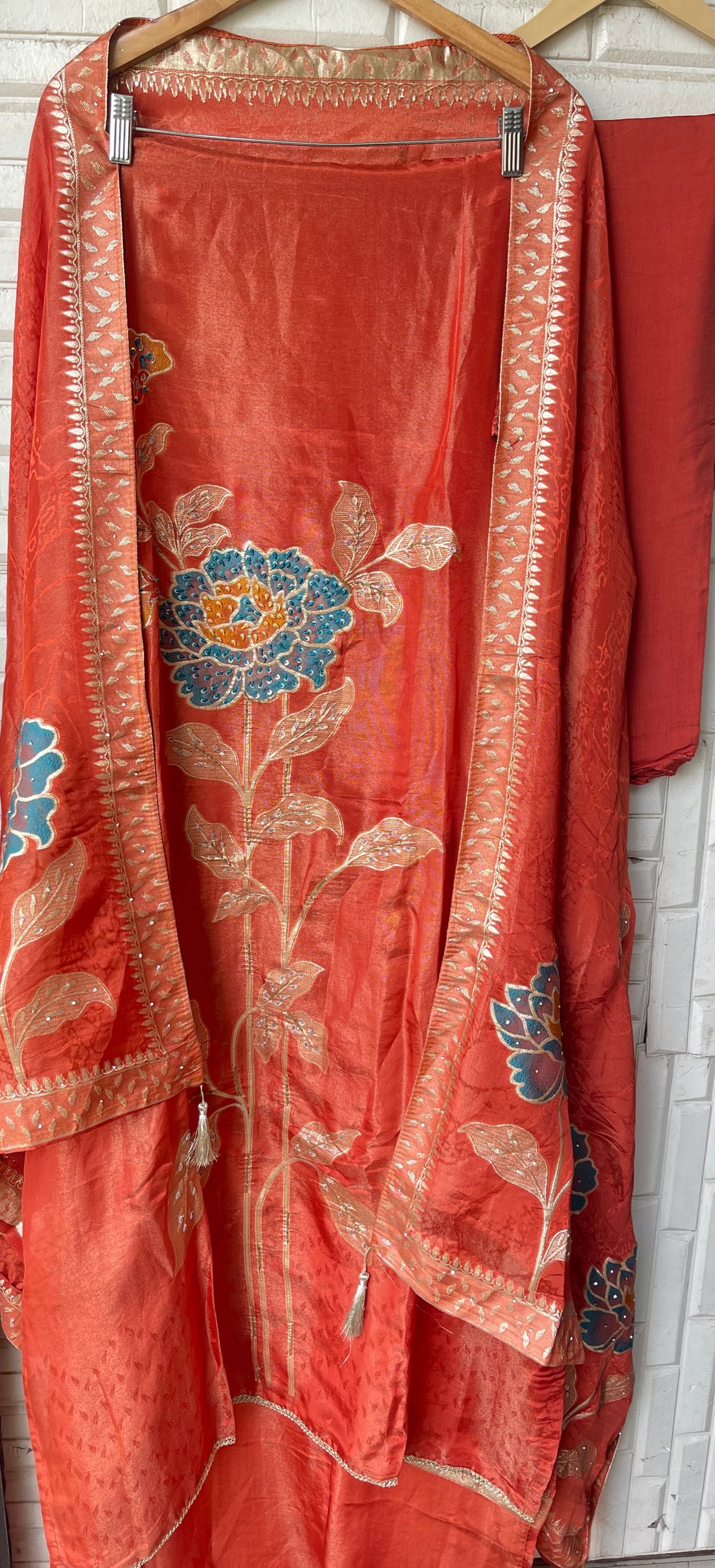 Elegant Shimmer Silk Embroidered Unstitched Designer Suit Set