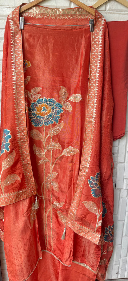 Elegant Shimmer Silk Embroidered Unstitched Designer Suit Set