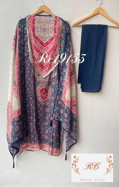 Satin crepe printed ladies unstitched suit Rc19153