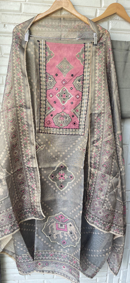 Shimmer Linen Printed Unstitched 3 Piece Designer Suit Set