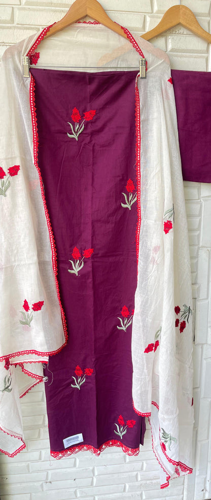 Cotton unstitched salwar suit with resham embroidery and mul cotton dupatta – RoyalChicByPriti