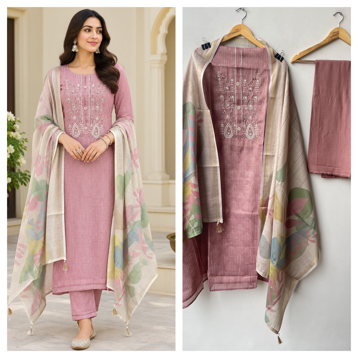 Designer Shimmer Linen Embroidered 3 Pcs Unstitched Suit Set