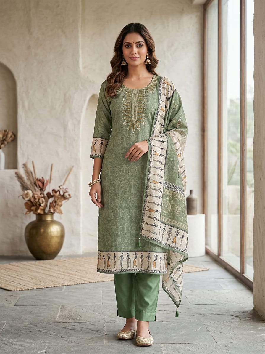 Worli art printed cotton linen unstitched ladies suit