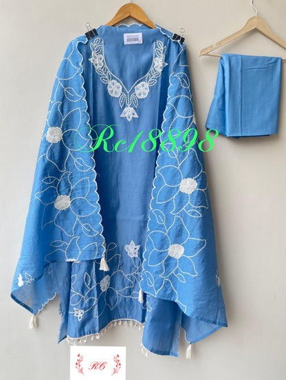 Mul chanderi unstitched salwar suit with patchwork, mirror work and tassel lace – RoyalChicByPriti