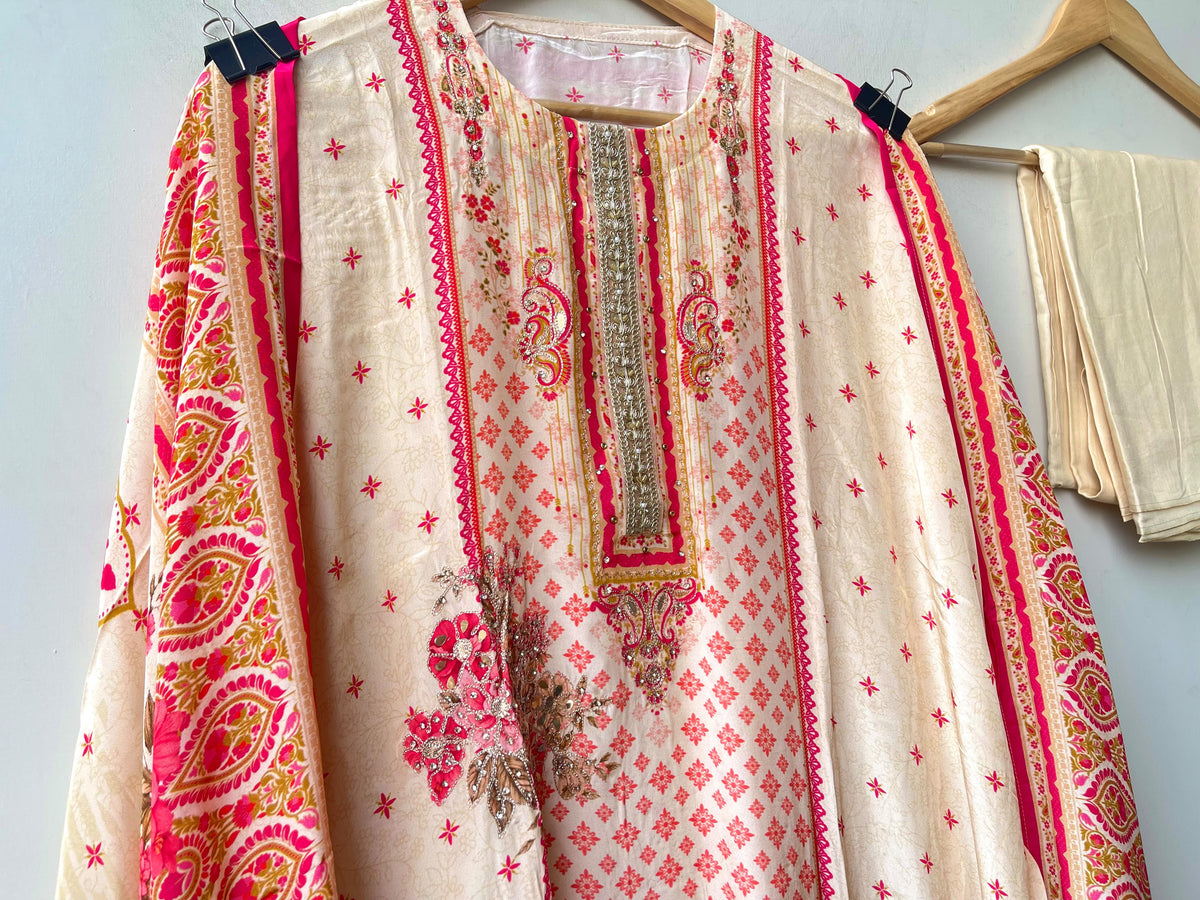 Crepe Satin Printed Unstitched Designer Suit Set