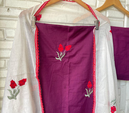 Cotton unstitched salwar suit with resham embroidery and mul cotton dupatta – RoyalChicByPriti