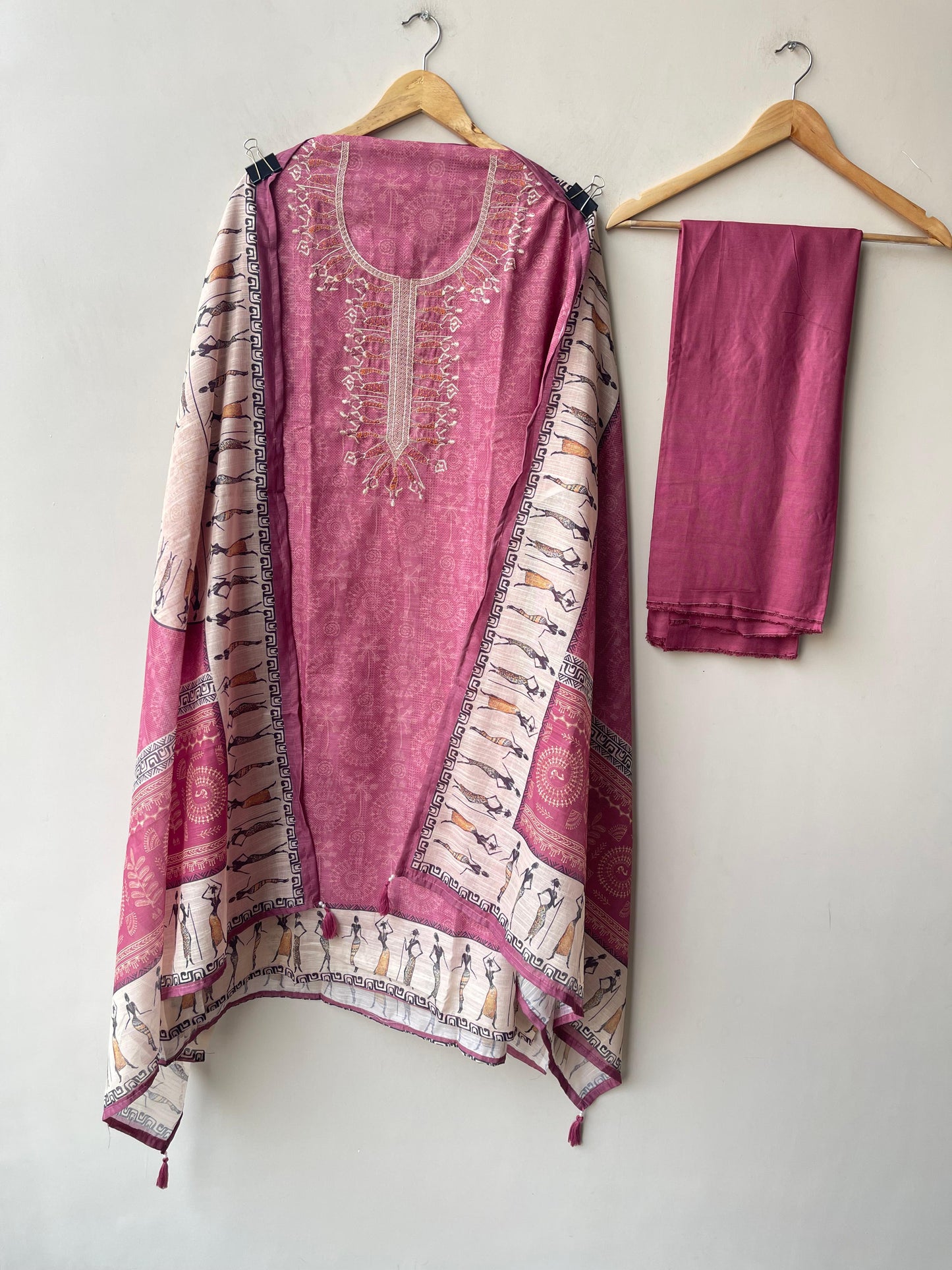 Worli art printed cotton linen unstitched ladies suit
