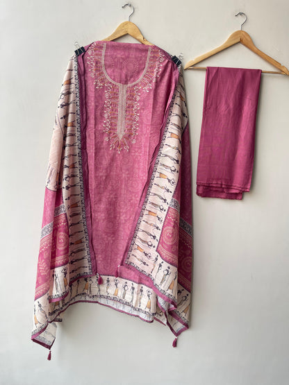 Worli art printed cotton linen unstitched ladies suit