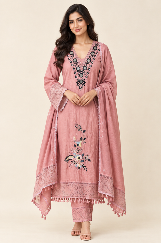 Premium Mul Chanderi Designer Unstitched 3 Pcs Suit Set