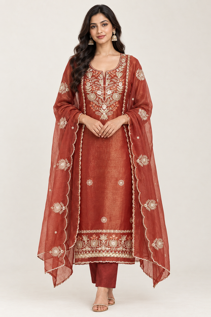 Elegant Shimmer Tissue Organza Unstitched 3 Pcs Designer Suit Set