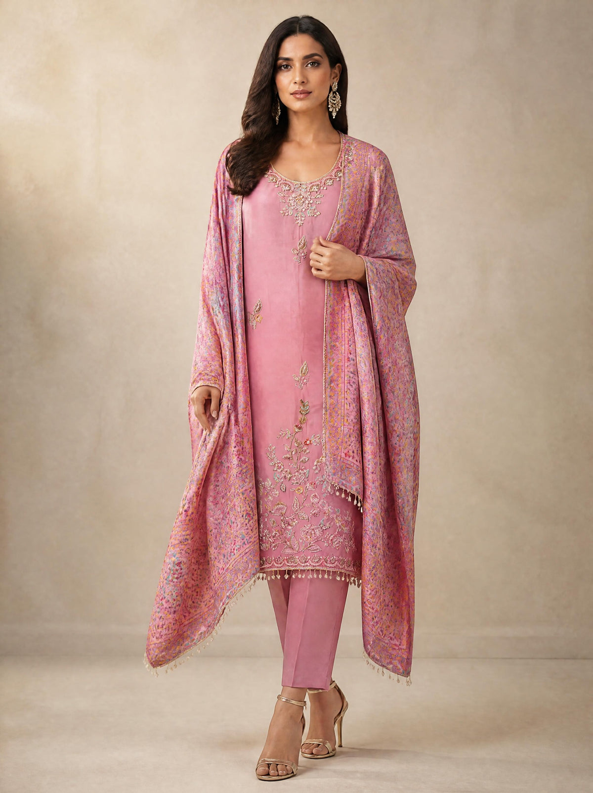 Premium Embroidered Crepe Satin Unstitched 3 Pcs Designer Suit Set
