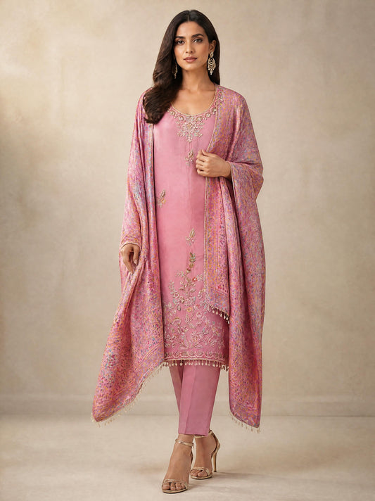 Premium Embroidered Crepe Satin Unstitched 3 Pcs Designer Suit Set