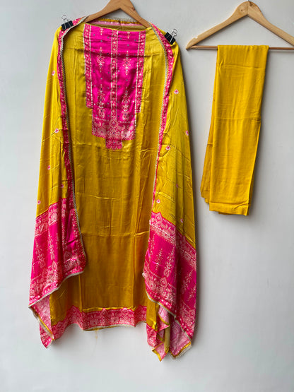 Gajji silk printed unstitched ladies suit Rc19210