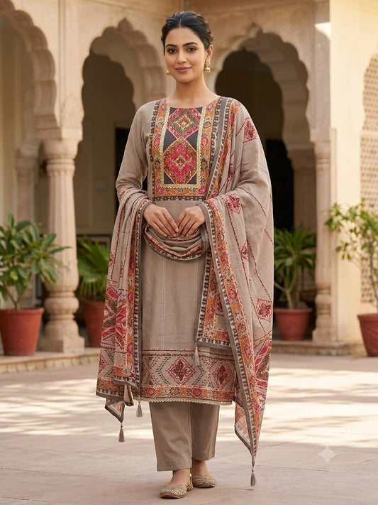 Wrinkled self muslin printed unstitched ladies suit Rc19023