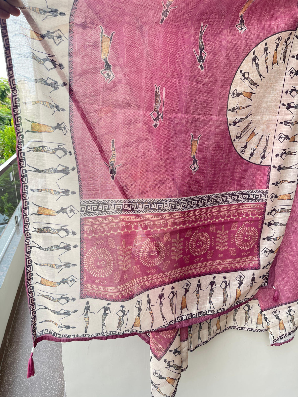 Worli art printed cotton linen unstitched ladies suit