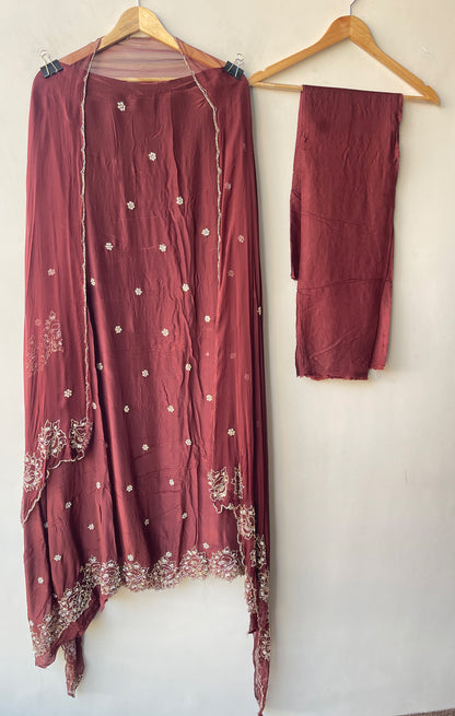 Premium Embroidered Crepe Satin Unstitched 3Pcs Suit Set