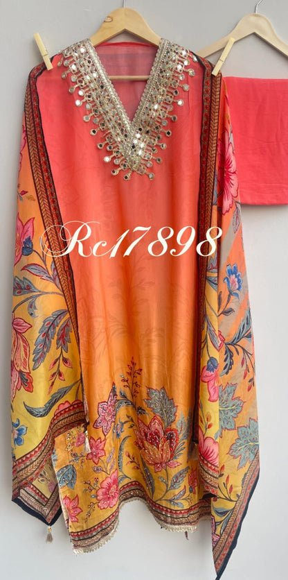 Crape satin unstitched ladies suit Rc17898