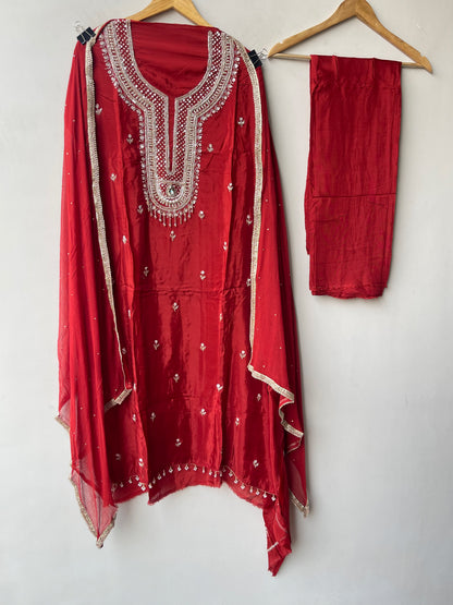 Crepe Satin 3 pcs Unstitched Designer Suit Set